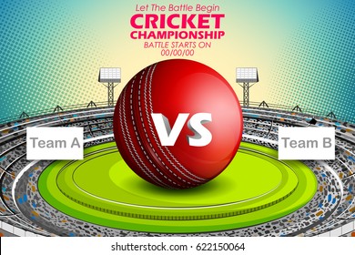 illustration of Stadium of Cricket with ball on pitch and VS versus text