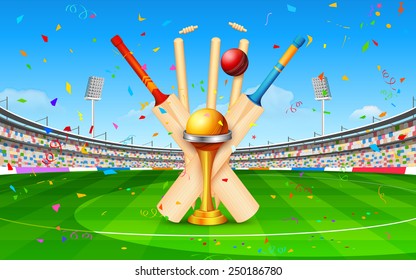 illustration of stadium of cricket with bat, ball and trophy