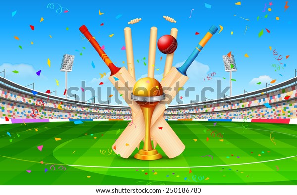 illustration of stadium of cricket with bat, ball\
and trophy