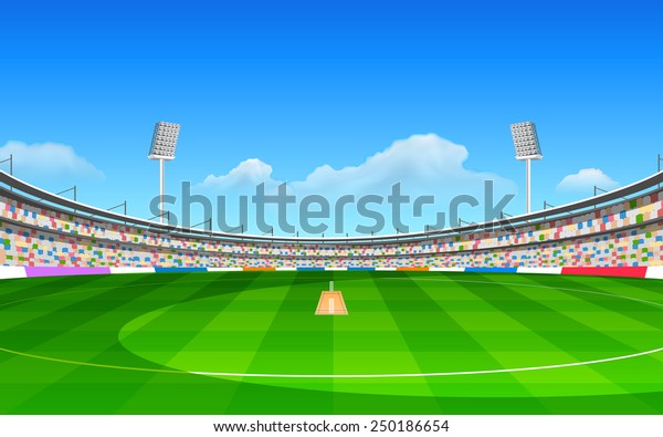 illustration of stadium\
of cricket with\
pitch