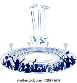 Illustration Of Stadium Of Cricket With Pitch For Championship Match And Supporter Fan People Cheering Team