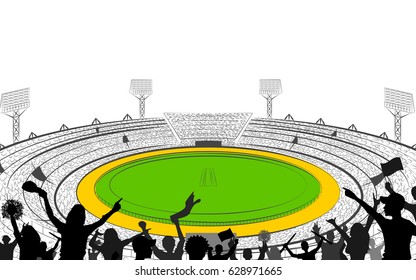 Illustration Of Stadium Of Cricket With Pitch For Championship Match And Supporter Fan People Cheering Team