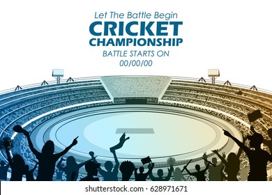 illustration of Stadium of Cricket with pitch for championship match and supporter fan people cheering team