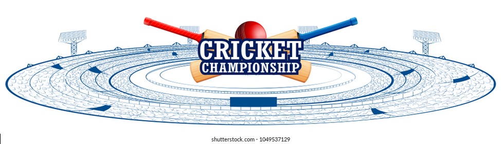 Illustration Of Stadium Of Cricket With Pitch For Champoinship Match And Supporter Fan People Cheering Team