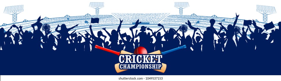 illustration of Stadium of Cricket with pitch for champoinship match and supporter fan people cheering team