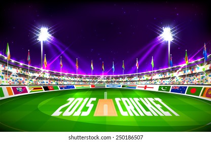 illustration of stadium of cricket showing flags of participating countries