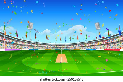 illustration of stadium of cricket showing flags of participating countries