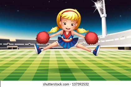 Illustration of a stadium with an energetic cheerdancer
