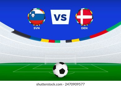 Illustration of stadium for football match between Slovenia and Denmark, stylized template from soccer tournament. Vector illustration.