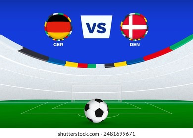 Illustration of stadium for football match between Germany vs Denmark, stylized template from soccer tournament. Vector illustration.