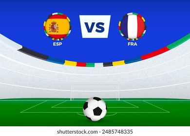 Illustration of stadium for football match between Spain vs France, stylized template from soccer tournament. Vector illustration.