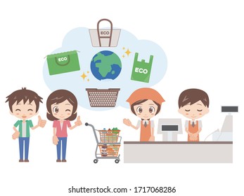 Illustration of the staff at the cash register and the shoppers lined up there.
They are proposing various eco bags.
A staff member wearing a supermarket uniform.