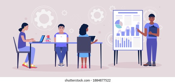 Illustration Of Staff Education, Office Workshop, Meeting. Vector Illustration In A Flat Style.