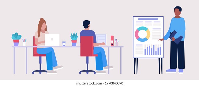 Illustration of staff education, office workshop, meeting. Business analysis. Vector illustration in a flat style.