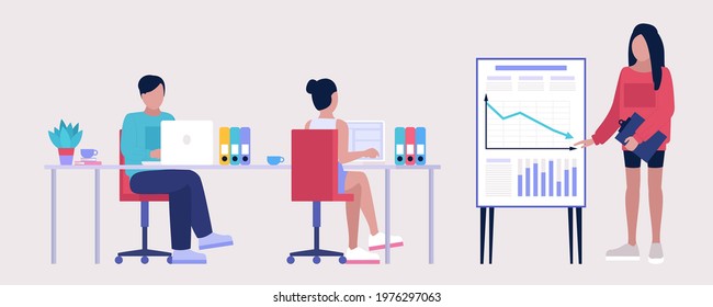Illustration of staff education, office workshop, meeting. Business analysis. Vector illustration in a flat style.