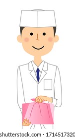 It is an illustration of the staff of a Japanese restaurant handing out a takeaway product.