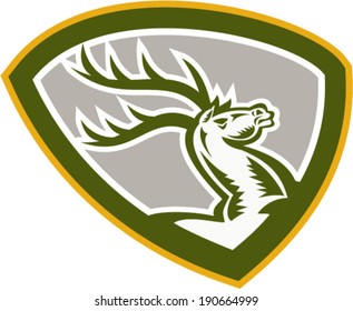 Illustration of a stag deer buck head facing side looking up set inside shield crest shape on isolated white background done in retro woodcut style.