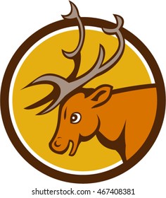 Illustration of a stag deer buck head viewed from the side set inside circle  on isolated background done in cartoon style.