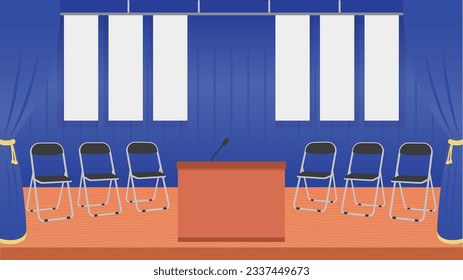 Illustration of a stage backdrop of a gymnasium with an image of an event such as a school speech meeting