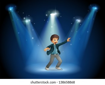 Illustration of a stage with a boy dancing at the center