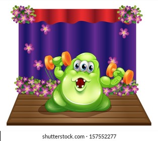 Illustration of a stage with a green monster exercising in the center on a white background