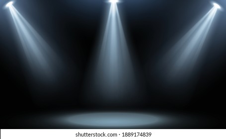 Illustration of a stage illuminated by three vibrant spotlights, creating a dramatic and focused atmosphere. Ideal for concepts of performance, spotlight effects, events, or theatrical backgrounds.