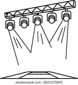 Illustration of a stage lighting setup featuring five adjustable spotlights mounted on a metal truss bar, directing beams downward.