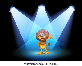 Illustration of a stage with a lion waving in the middle