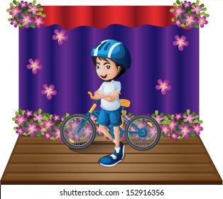 Illustration of a stage with a male biker standing in the middle on a white background