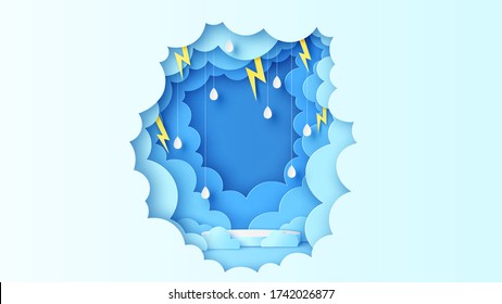 Illustration des Bühnenpodiums mit regnerischer Himmelskulisse mit Blitz und Regen. Regenzeit im Hintergrund. Papierschnitt und handwerklicher Stil. Vektor, Abbildung.