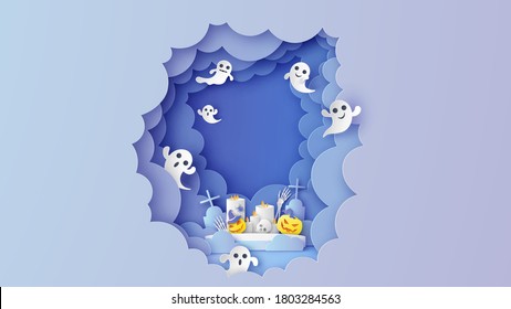 Illustration of stage podium with items decorated for halloween celebrate and ghost spirit flying on night cloudy sky on Halloween. paper cut and craft style. vector, illustration.