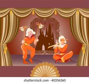 Illustration of a stage and two clowns. Vector