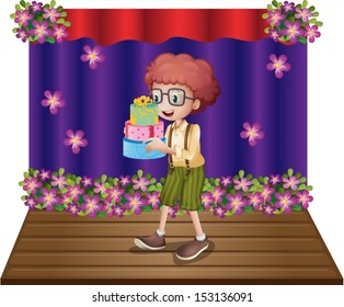 Illustration of a stage with a young boy holding gifts on a white background