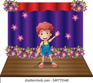 Illustration of a stage with a young boy waving happily on a white background