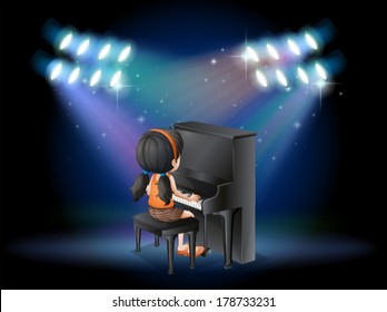 Illustration of a stage with a young pianist performing