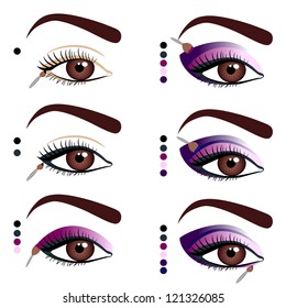 illustration of the stages of applying makeup on eyes