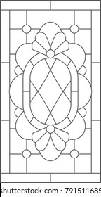 Illustration in stained glass with abstract twists on a light background, vertical orientation, black and white