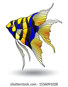 Illustration with stained glass element, bright scalar fish isolated on white background