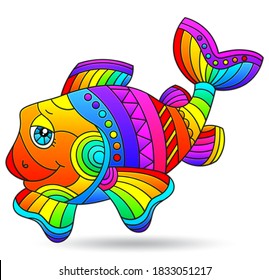 Illustration with a stained glass element, a bright cartoon fish isolated on a white background