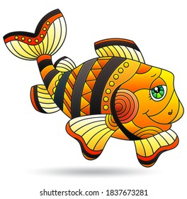 Illustration with a stained glass element, a bright cartoon fish isolated on a white background