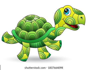 Illustration with a stained glass element, cute cartoon green turtle isolated on a white background