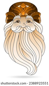 Illustration with a stained glass element, the mask is a portrait of Santa Claus isolated on white background, tone brown