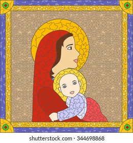 the illustration with stained glass and icon.