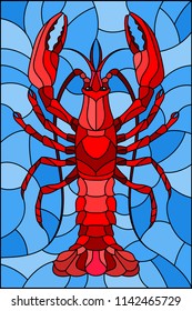 Illustration in stained glass stile with abstract red crayfish on a blue background 