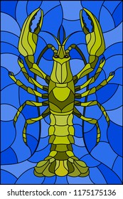 Illustration in stained glass stile with abstract green crayfish on a blue background 