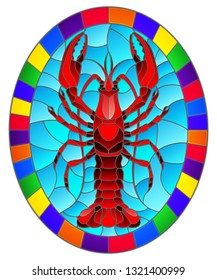Illustration in stained glass stile with abstract red crayfish on a blue background , oval picture in a bright frame