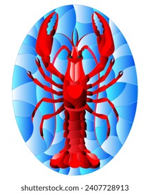 Illustration in stained glass stile with abstract red crayfish on a blue background , oval picture 