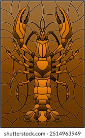 Illustration in stained glass stile with abstract green crayfish, tone brown