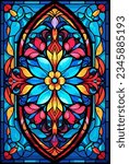 Illustration in stained glass style with abstract flowers, leaves and curls, rectangular image. Vector illustration.