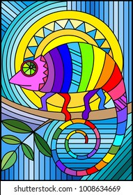 Illustration in stained glass style with abstract geometric rainbow chameleon